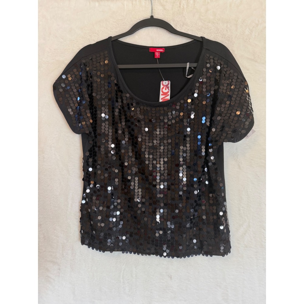 Bongo Sequin Tee Black Short Sleeve Scoop Neck Top Juniors Large NWT